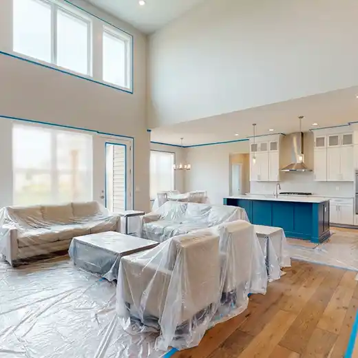 Interior home painting preparation with furniture covered and walls taped before painting.