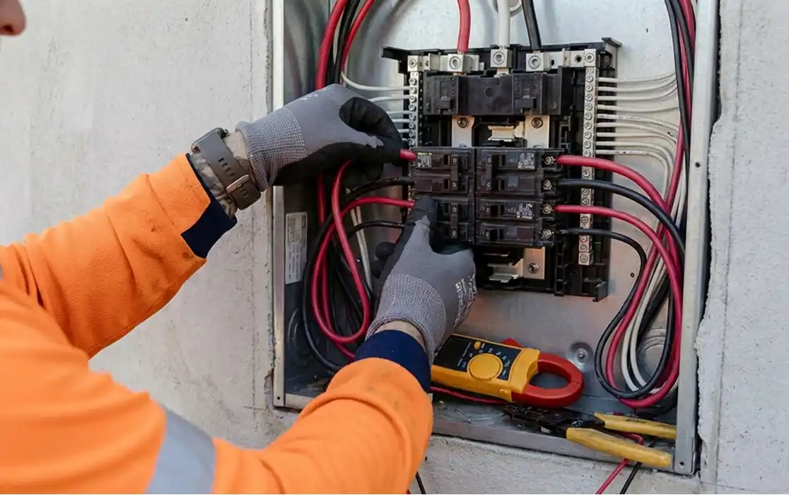 Electrician in safety gloves and orange work shirt wiring a residential or commercial electrical service panel.