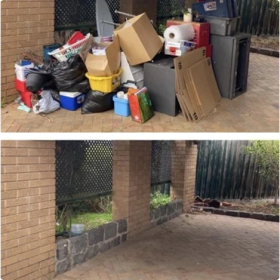 A two-panel, before-and-after image of a patio or backyard junk cleanup.