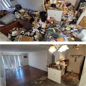 A two-panel, before-and-after image of an extreme indoor clutter or hoarding cleanout.