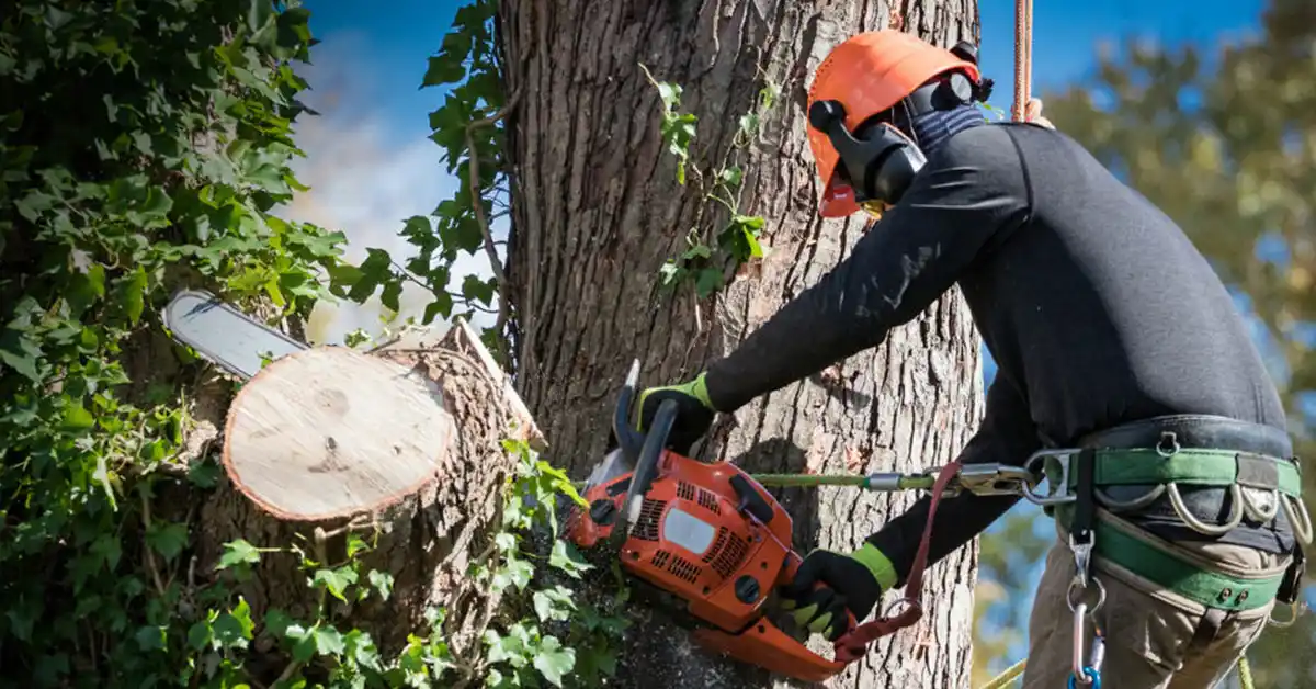 An arborist wearing a helmet and full protective gear is securely harnessed in a tree, cutting a large branch or log section with a running chainsaw.