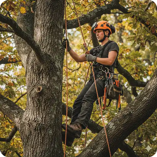 Arborist using safety ropes and climbing gear to scale a large tree during tree maintenance.